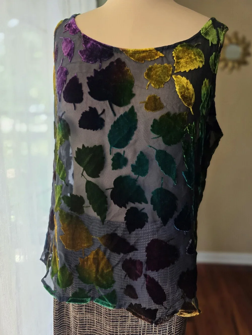 Vintage Burnout Velvet Blouse Tank Set Sheer Jewel Tone Leaves Whimsigoth Large